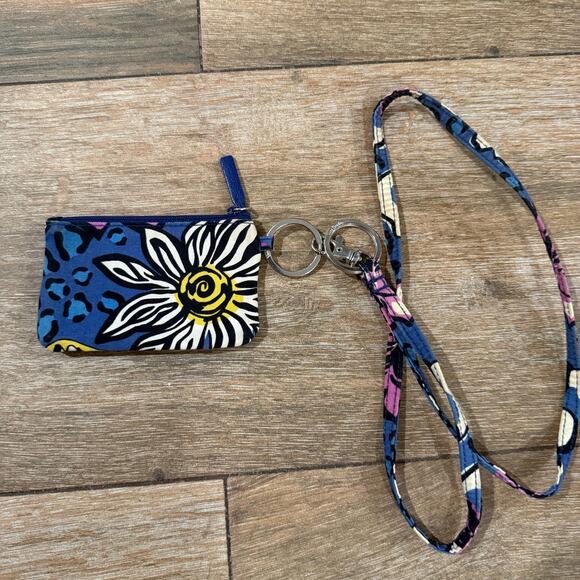 Vera Bradley Zip ID Case Card Mini Wallet Key Chain With Neck Strap - Picture 2 of 4